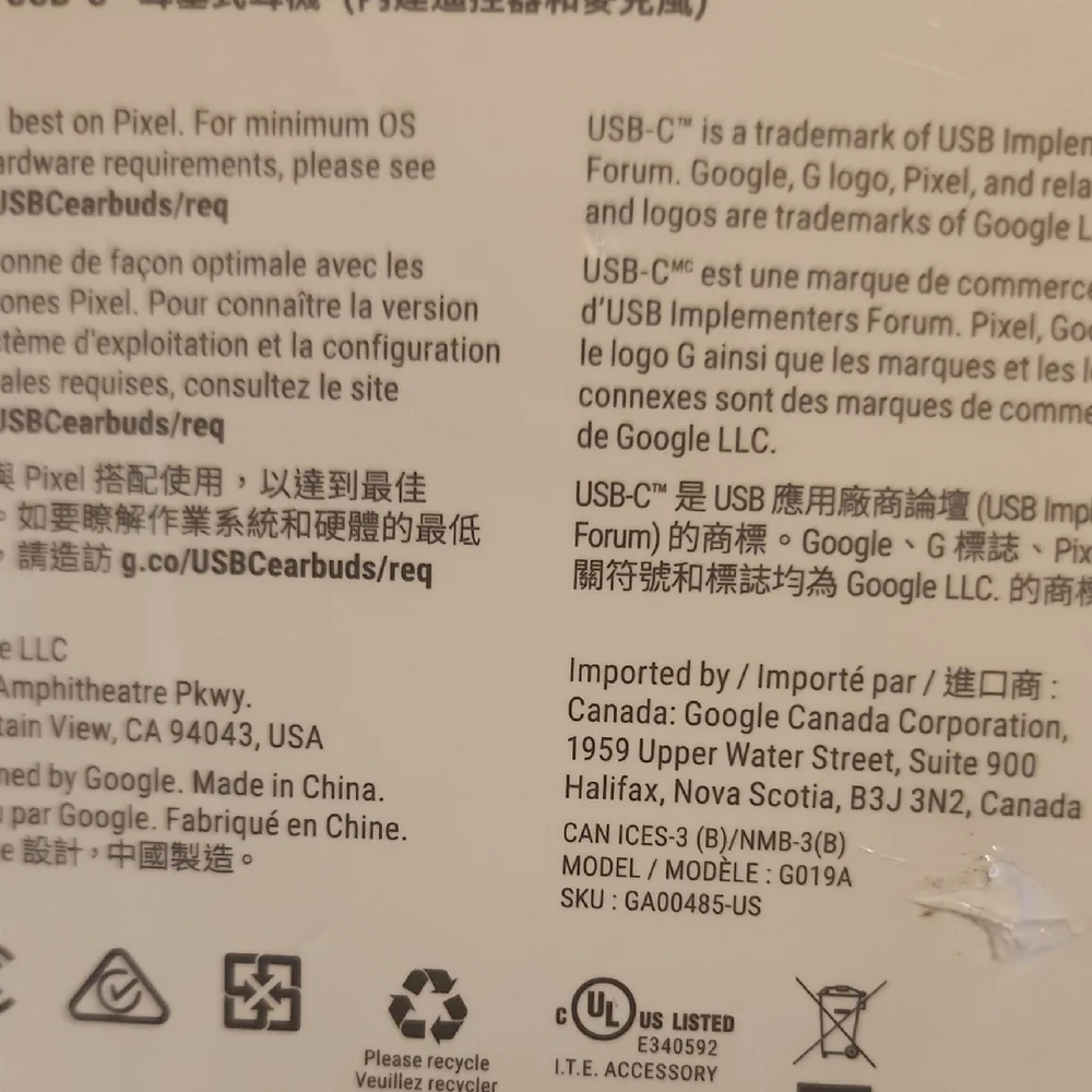 Google Pixel USB-C Earbuds in White